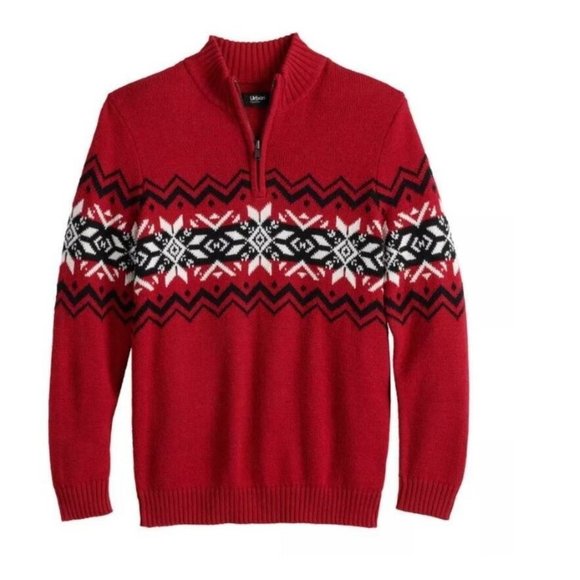*Christmas Sweater Urban Pipeline sz Large Red Argyle Long Sleeve Zip Neck Boys - Picture 1 of 5